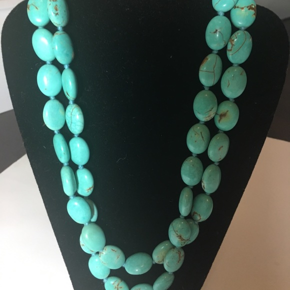 Double Strand Turquoise Silver Toggle Necklace - Picture 2 of 7